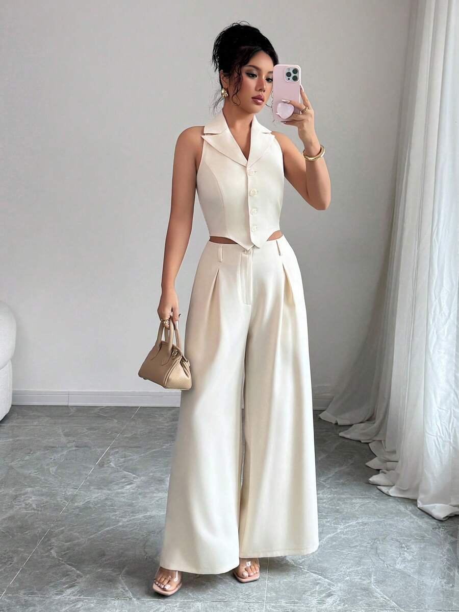 Elenzga Elegant Women's Spring/Summer Apricot Single-Breasted Back Cross Camisole Vest + Elegant Women's Spring/Summer Apricot Wide-Leg Pants - Apricot - View 1