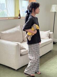 Dazy Kids Tween Girls Fall Solid Color Crew Neck Knit Short Sleeve T-Shirt + Plaid Long Pants Outfit, Spring/Summer, Back To School Clothes - Navy Blue - View 2