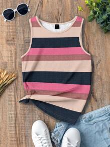 SHEIN LUNE Camiseta y top sin mangas estampado de rayas, tipo holgado, adecuado para verano, talla grande - Multicolor - Ver 6
