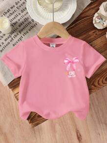 SHEIN Blus Kasual Lengan Pendek Leher Bulat Motif Huruf & Pita untuk Bayi Perempuan - Berwarna merah muda - View 4