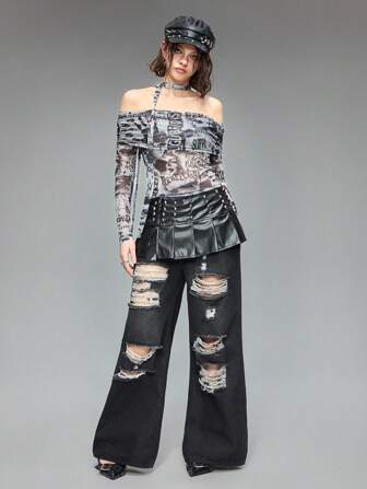 Grunge Punk Sommer Konzert Festival Sexy Augen-Muster Mesh transparentes Off-Shoulder Crop Top