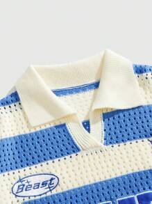 ROMWE MEN Prep Cămașă polo cu mânecă scurtă din tricot jacquard cu dungi cu litere