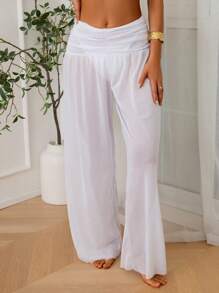 Swim Basics Women's Apricot Pleated Wide Leg Pants With Loose Robe - Apricot - View 1