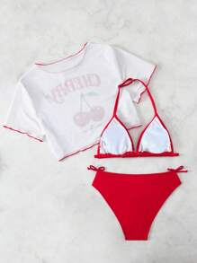 Conjunto de bikini con camiseta de manga corta blanca con estampado alegre de cerezas y lazo rojo para adolescentes, ideal para vacaciones y playa de verano