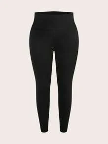 SHEIN BASICS Plus Size Solid Color Knitted Tight-Fitting Leggings - Black - View 1