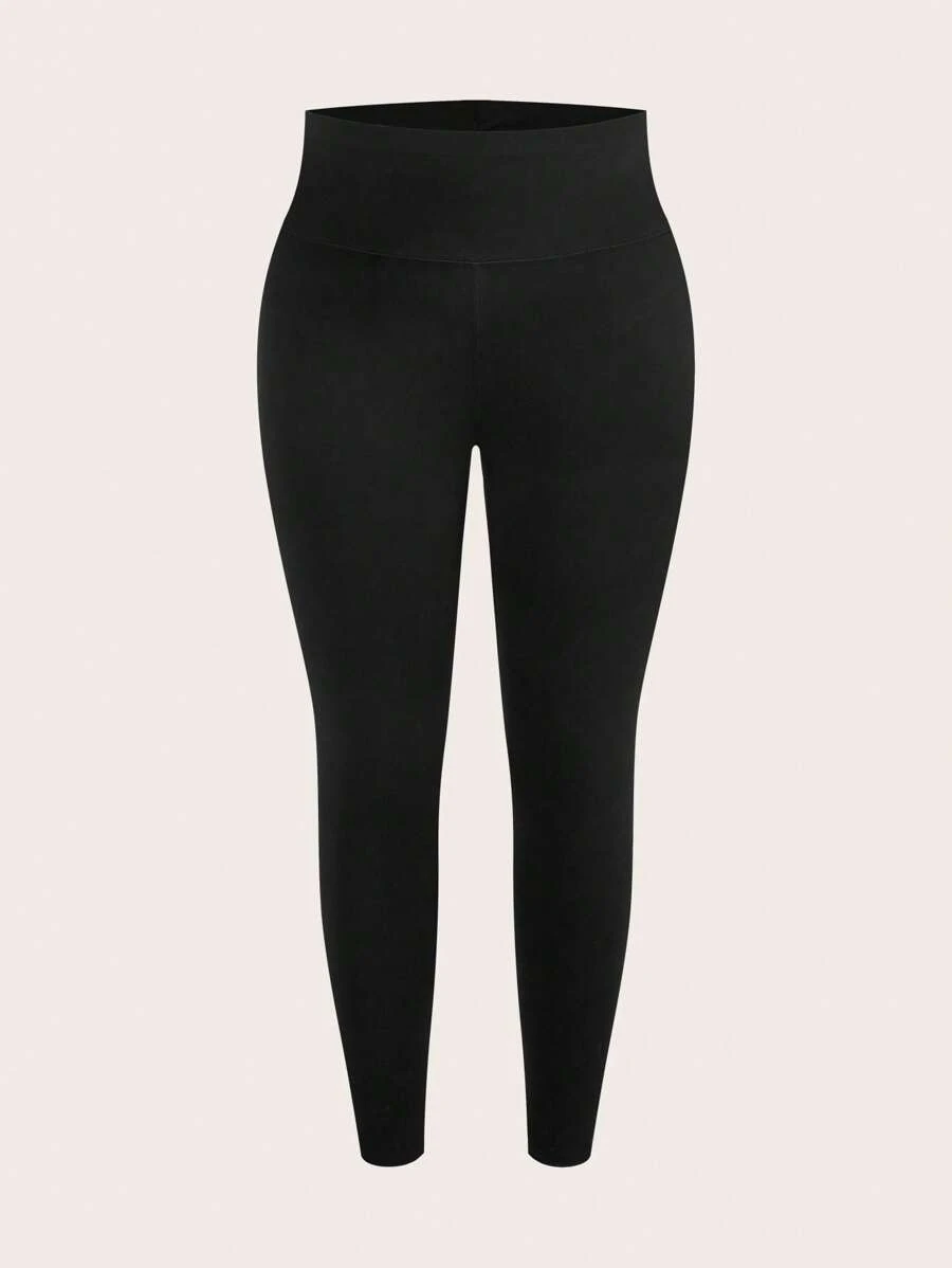 SHEIN BASICS Plus Size Solid Color Knitted Tight-Fitting Leggings - Black - View 1