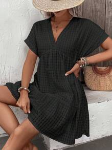 Breezaya Plus Size Women's Fashion Casual Checkered Bubble Pattern V-Neck Loose Hem Short Dress, Spring & Summer - Black - View 3