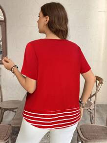 SHEIN LUNE Camiseta casual de talla grande con bolsillo y rayas de contraste, prenda de vestir occidental estilo boho bohemio, top de festival de los 90, verano y primavera