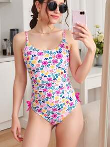 Teen Girls Cute Floral Print One-Piece Swimsuit, Bow-Decorated Pleated Beachwear - Multicolor - View 5