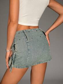 Aveloria Affinna Falda en mezclilla con ojal con tira cruzada con diseño con hebilla