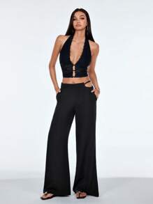SHEIN TRNDY Quần thiết kế cạp bất đối xứng thường ngày đi làm - màu đen - Xem 1
