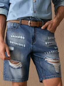 Manfinity NXTstreet 男士破洞牛仔短裤，及膝阔腿休闲七分牛仔裤 - 藍色 - 查看 6