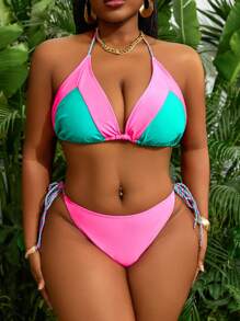 Slaydiva Plus Size Women 3pcs Swimsuit Set: Braided Strap Triangle Top, Drawstring Side Triangle Bottoms And Mesh Skirt Cover-Up For Summer Beach Vacation - Hot Pink - View 4