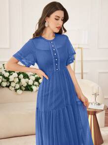 Modelyn Abito ampio elegante da donna in stile primavera/estate con inserti in merletto, perle e bottoni, a pois e fiori con tessuto in in rete