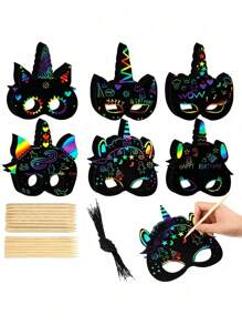 SHEIN 6/12pcs Unicorn Mask - 6 Styles Rainbow Scratch Unicorns DIY Mask Party Favors, Scratch Off Reveal Unicorn Theme Birthday Party Supplies Decorations Crafts Set With Wooden Stylus & Elastic Band (For Adults Only), Valentine's Day Party Gifts