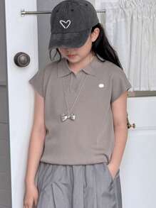 Dazy Kids Suéter polo de manga corta de unicolor para niñas preadolescentes, ropa de verano y regreso a clases - Gris - Ver 9