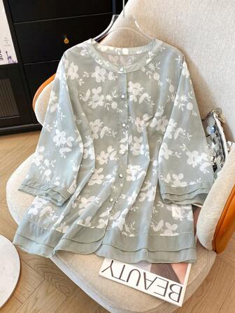 SHEIN LUNE 优雅宽松休闲度假七分袖大码女式衬衫/衬衣，新品上市