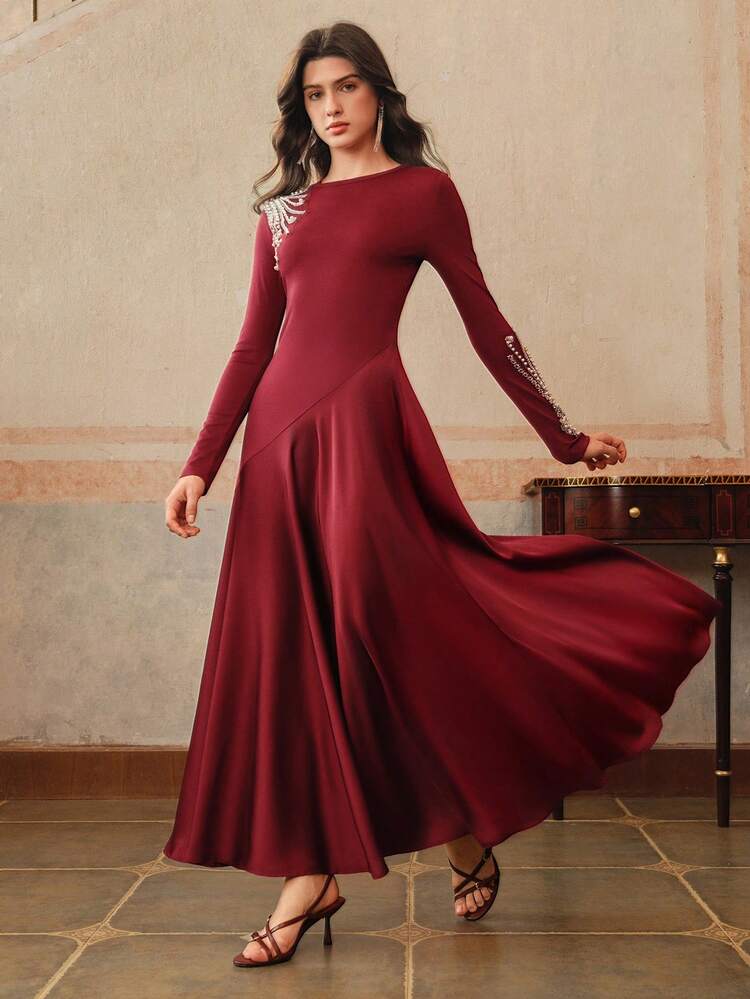 Round Neck Long Sleeve Flared Waist Fitted Elegant Urban Dress, Spring Outfits For Women, Valentine's Day, Date Night