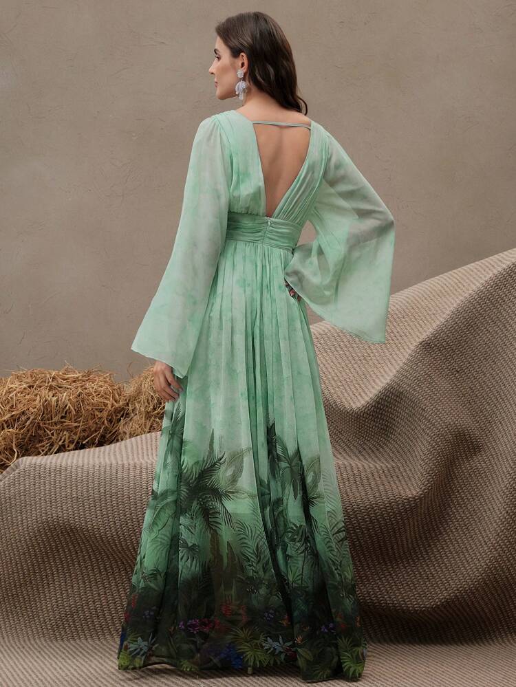 Summer Beach Chiffon Dress, Flowing Resort Vacation Date Wear Long Sleeve Dress