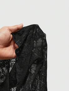 ROMWE Spring/Summer Black Plus Size Sexy Gothic Contrast Lace V-Neck Flare Sleeve Blouse, Halloween Fall - Black - View 5