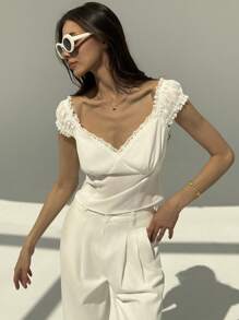 Aloruh Women Casual Solid Color Lace Trim Blouse, Summer
