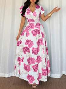 SHEIN VCAY CURVE Robe maxi à col V à volants avec imprimé floral pour grandes tailles, printemps et été - Prune - Voir 5