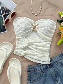 Soleia Top fără bretele din tricot alb de vacanță pentru femei, cu decupaj stea de mare, tiv asimetric asimetric, bluză de modă sexy pentru slăbire, pentru petrecere, întâlnire, Ziua Îndrăgostiților, carnaval, Paște, Western, festival de muzică, plajă, croazieră