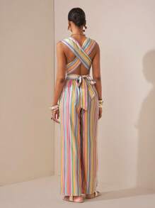 Zivah 2025 Bộ đồ liền thân sọc nữ phong cách Bohemian mùa hè mới, kỳ nghỉ bãi biển, ngày thường, cổ chữ V sâu, dây đeo chéo sau lưng, trang trí nơ, quần ống rộng siêu dài không lưng, màu sọc-Z - Nhiều màu - Xem 2