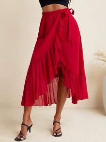 BELANGE HANDMADE Red Solid Color Crepe Wrap Belt Waist Ruffles Midi Skirt Women Beach Vacation Holiday