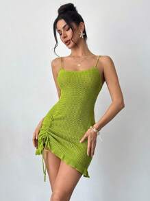 Firerie Nuovo vestito canottiera in maglia con vita increspata, coulisse e orlo arricciato, sexy per vacanze in spiaggia, per donne