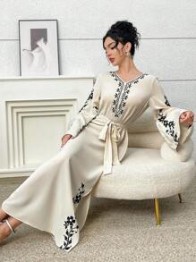 Al Najma Elegancka sukienka damska z haftem kwiatowym w stylu arabskim