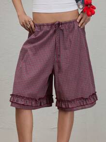 COUREZ Low Rise Check Frill Bermuda Shorts /Winter Clothes For Women Going Out Outfits Casual /Y2K 100%Cotton Fall Clothes For Women