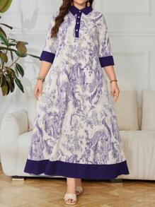 Lacomfia Plus Size Summer Fashion Patchwork Collared Shirt - Purple - View 4