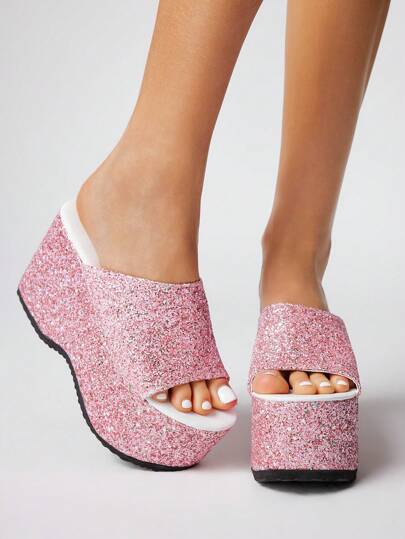 Kawaii Women's Pink High Heel Shoes, Peep Toe Crystal Embellished Dressy Shoes For Summer, Y2K Sweet Punk Rock Goth Style, Outdoor Wear Wedge Platform Sandals