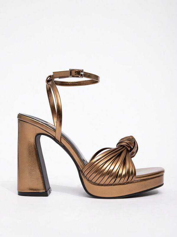 CUCCOO SZL Sandalias de tacón alto y grueso con abertura en los dedos, en tono bronce, con tejido anudado - Stilettos de moda sexy para fiestas y ceremonias de verano