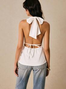 Poéselle Women's Open Back Halter Neck Tank Tops Metal Buckle Decoration Asymmetrical Hem White Tops, Summer Country Concert - White - View 4