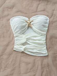 Soleia Top fără bretele din tricot alb de vacanță pentru femei, cu decupaj stea de mare, tiv asimetric asimetric, bluză de modă sexy pentru slăbire, pentru petrecere, întâlnire, Ziua Îndrăgostiților, carnaval, Paște, Western, festival de muzică, plajă, croazieră