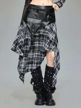 Grunge Punk Punk Red And Black Plaid Patchwork PU Asymmetrical Hem Skirt
