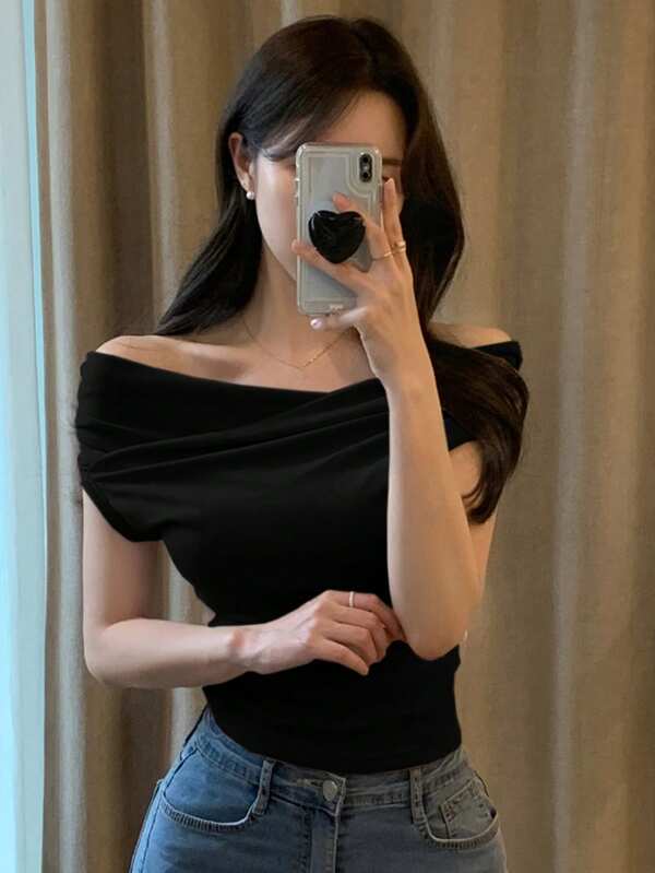 DAZY 女士纯色露肩短袖T恤，春夏，露肩上衣