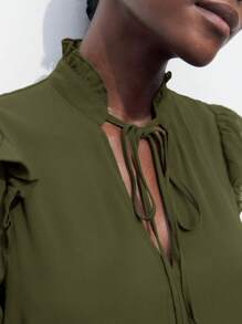 Maija 2025 New Sage Green Ruffle Trim Open Front Romantic Casual Women Shirt, Business Casual Commute Elegant Beach Resort Suitable For Wedding Guest, Countryside Music Festival, Brunch, Airport, 90s Vintage,Autumn Outfits For Women - Army Green - View 6