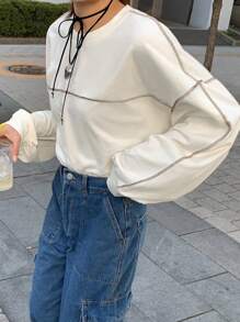 FRIFUL 女士宽松短款圆领撞色拼接T恤，春季、秋季衣服长袖女上衣 - 米色 - 查看 5