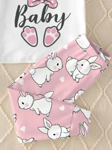 SHEIN Baby Girl Casual Minimalist Slim Fit Round Neck Comfortable Short Sleeve Pants Home Outfit, Snug Fit, Spring/Summer - Multicolor - View 3