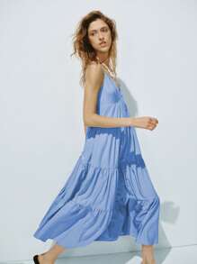 Lumivelle Women's Casual Solid Color Spaghetti Strap Dress, A-Line Silhouette, Suitable For Holiday, Elegant - Blue - View 5