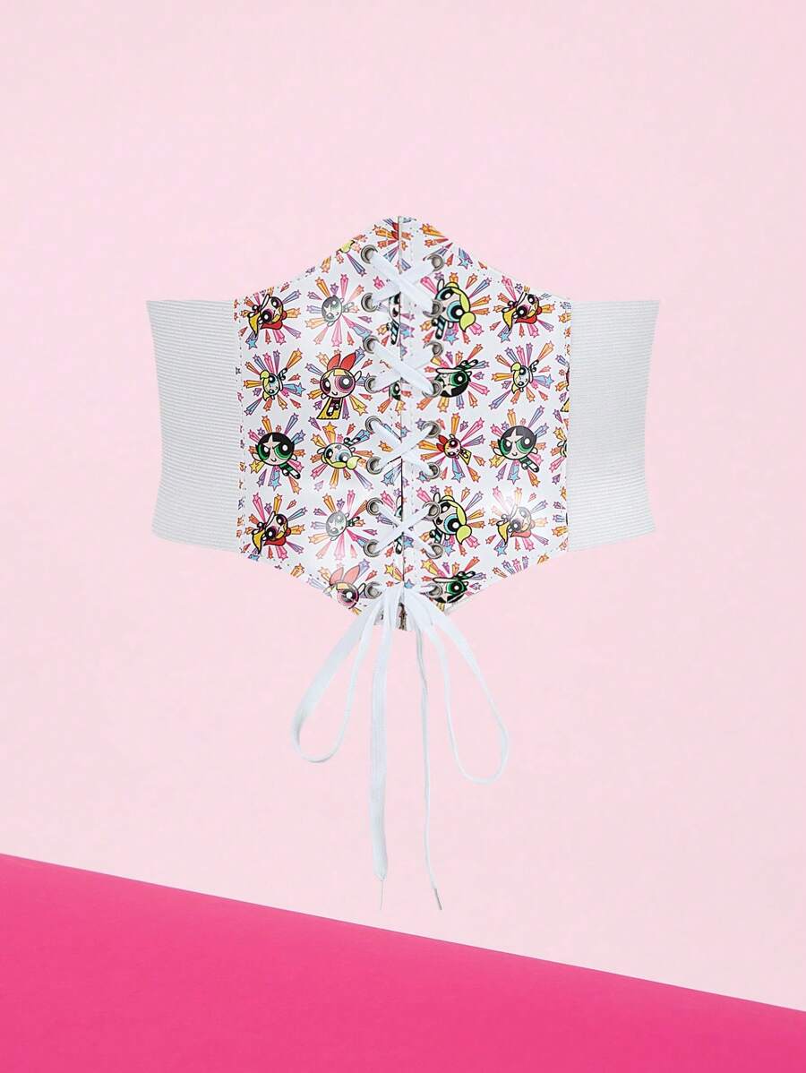 THE POWERPUFF GIRLS X SHEIN 1 件女士彩色烟花和花卉印花六角形束腰腰带，休闲百搭，图案随机 - 白色 - 查看 1