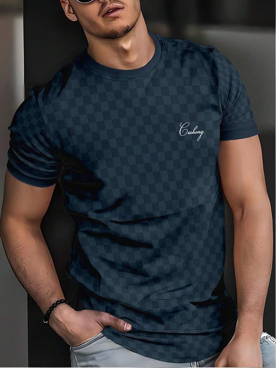 Manfinity Homme 男士休闲圆领短袖T恤，带字母和棋盘格印花，男士T恤，男士休闲T恤，男士休闲T恤，男士T恤 - 彩色 - 查看 1