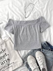 SHEIN Grau-weißes Campus Sport Street All-Match T-Shirt mit Zahlendruck, Off-Shoulder