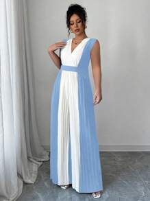 SHEIN PETITE Mono de mujer de talla grande con cuello en V fruncido, cintura con cordón y pantalones anchos, elegante para uso casual, trabajo, viajes y días festivos