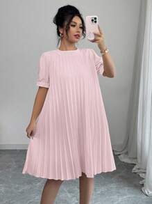 Elenzga 女士时尚优雅浪漫宽松纯色褶皱泡泡袖休闲短袖连衣裙，适合春夏季 - 粉色 - 查看 4