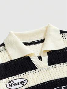 ROMWE MEN Prep 男士字母条纹提花针织短袖 Polo 衫 - 黑色 - 查看 4