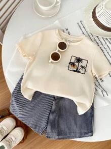 SHEIN Young Boy Back To School Casual Vacation Set, Includes Round Neck Short Sleeve T-Shirt With Palm Tree Print And Elastic Waist Striped Woven Shorts With Pockets, Suitable For Birthday Party, Party, Performance, Wedding, Baptism, School, Travel, Sports, Spring And Summer Young Boys Matching Sets Young Boys 2 Pieces - Khaki - View 4